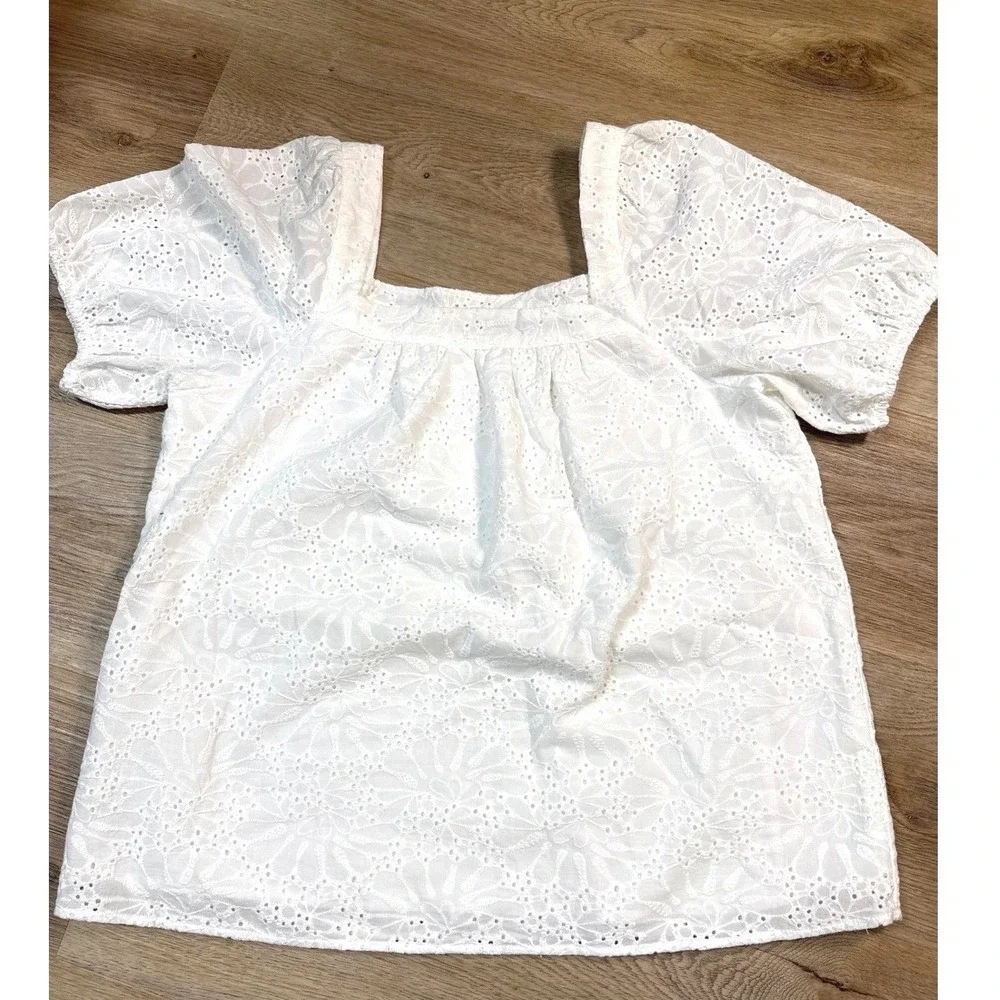 LOFT White Eyelet PuffSleeve Blouse Women Small 100%Cotton Coastal‎ Chic Preppy